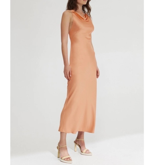 Significant Other Aila Dress Open Back Cowl Neck Satin Midi Nougat - Picture 2 of 13